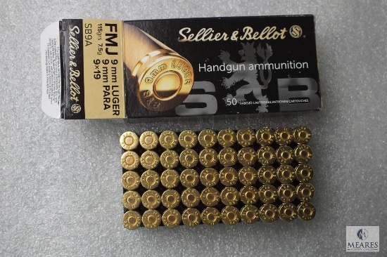 50 Rounds Sellier & Bellot Ammunition 9mm Luger 115 Grain 7.5g Ammo