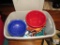 Tote of Kitchen Items Colendar, Bowls, Soup Bowl Set, +