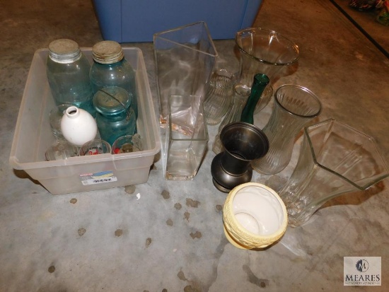Large lot of glassware vases vintage blue mason jars cups and planters