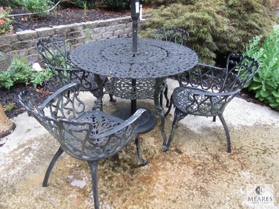 Cast Iron Patio Set Table 4 Chairs & Umbrella