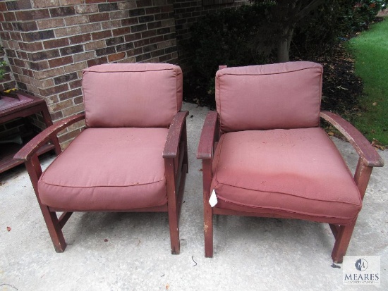 Lot 2 Outdoor Wood Chairs with red cushions