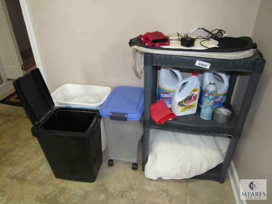 Plastic Shelf unit, Cleaners, Folding Hampers, Rolling tote, & Trash cans