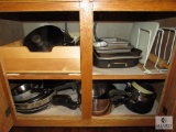 Kitchen cabinet lot pans skillets cake pans pots cutting board rolling pin