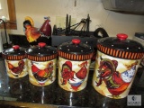 Lot of Rooster Kitchen Ceramic Canisters, Cookie Jar, Tray, Cups, +