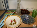 Shelf lot stemmed glassware glass decanter serving pieces and decorative garden signs