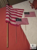 Lot American USA Flag with Wood Pole and 2 Small Flags