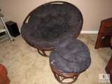 Rattan Base Spool Chair with ottoman and Black Cushions