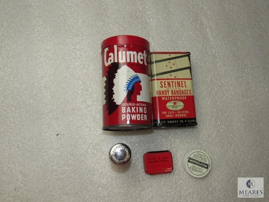 Lot Vintage Tin Canisters Calumet Baking Powder, Handy Bandages, Algocratine, Split Shot +