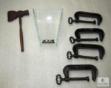 Lot 4 Vintage C-Clamps, Wood Axe, and Buck Knives Plastic Display