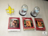 Lot 3 Hallmark Boy Scout Ornaments, 2 Snow Globes, & Light up Fleur de Lis