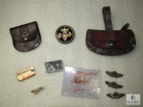 Lot Vintage Boy Scouts Items Leather Hatchet Sheath, Thermometer, United Pilot Pins, +