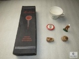 Lot Collectible Items; Hank Aaron Pin, Petrified Polished Wood, Cast Iron Man, US Army Mug