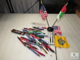 Lot Various Boy Scout Pens & Pencils and Vintage Scout & USA Desk Flags