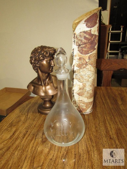 Lot David Bust, Glass Decanter, & Tall Leaf Pattern Pottery Vase