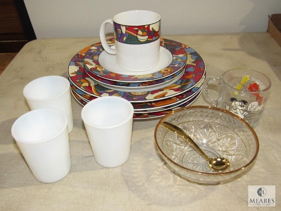 Lot of Furio China Plates & Cup, Milk Glass Cups, Gold Trim Bowl & Spoon