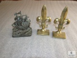 Set Brass Fleur De Lis Bookends and 1 Bronze Ship