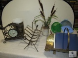 Lot Brass Firewood Holder, Metal Clock, Faux Plant, Colanders, Magazine Rack +