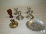 Lot assorted silver tone & brass candlesticks and platters