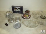 Lot assorted Glass & Silver trim Coasters, Cracker Servers, Silver tone basket