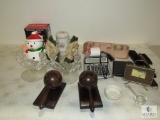 Lot assorted Household Items Snowman cookie Jar, Calculator, Maracas Bookends +