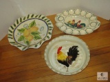 3 pc Lot Rooster Ceramic Deep Pie Plate, Chicken Egg platter, & Fruit Ruffled Edge Bowl