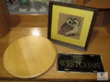 Lot Wood Lazy Susan, WestChase Tag, & Burlap Framed Vintage Owl Picture
