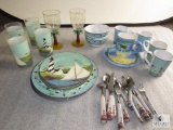 Lot Plastic & China Lighthouse Beach Scene Dinnerware Pieces