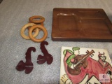 Lot Brass Duck Hooks, Ceramic Birds, Wood Tray & Painted Tile