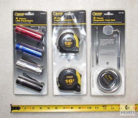 New Lot 3 Pc Magnetic Tool Set, 4 pc LED Flashlights, & 2 pc Tape Measure Set