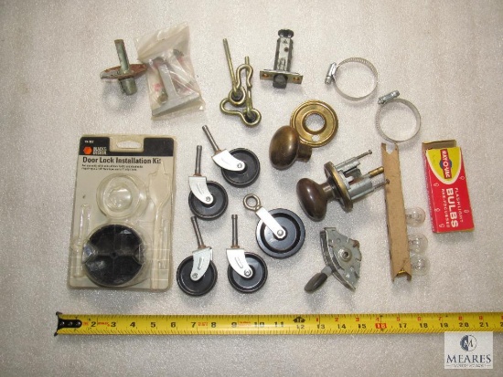 Mix lot Door Knob, Casters, Throttle Switch, Light bulbs, Clamps +