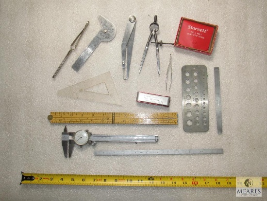 Lot assorted Rulers, Starrett Small Hole Gage, Mitutoyo Dial Calipers, Drill Gage +