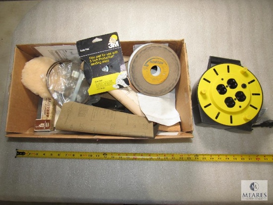Lot assorted Sanding Paper, Discs, and Power Outlet wind-up drop Cord Cable