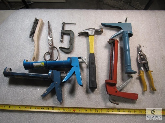 Lot assorted Tools Caulk Guns, Hammers, Metal Snips, C-Clamp, Wire Brush