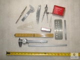 Lot assorted Rulers, Starrett Small Hole Gage, Mitutoyo Dial Calipers, Drill Gage +