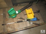 Lot Weed Eater electric blower, Mitre Box Saw, Fiskars hedge Clippers, Wash N Rinse Nozzle +