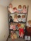 Metal Shelf Unit with Lot of assorted Vintage Baby Dolls