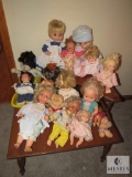 Lot Vintage Wood Table with assorted Baby Dolls
