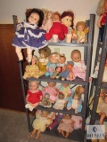 Metal Shelf Unit with Lot of assorted Vintage Baby Dolls