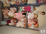 Metal Shelf Unit with Lot of assorted Vintage Baby Dolls