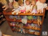 Handmade Wood Shelf with Large Lot Assorted Vintage Baby Dolls