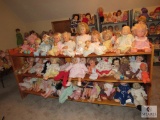 Handmade Wood Shelf with Large Lot Assorted Vintage Baby Dolls