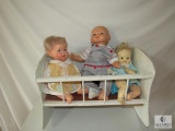 Wood Vintage Baby Doll Cradle with 3 Vintage Baby Dolls