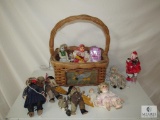 Basket lot Small Porcelain Dolls & 2 Madame Alexander Welcome Home Dolls