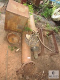 Lot vintage metal items Chandelier, Cast iron pot, tanks, cabinet, wheels