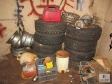 Lot Tires, Hubcaps, Gas Cans, and wheels