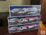 Lot 3 Hess Collector Coin Banks Firetrucks and Tractor Trailer with Racecars