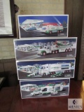 Lot 4 Hess Collector Coin Banks Rescue Van, Tractor Trailer w/ Racecars, Helicopter +