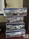 Lot 4 Hess Collector Coin Banks Plows, Tractor Trailer w/ Racecars, Helicopter +