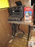 Vintage Sewing Machine Table, Stereo CD Player, Christmas Porcelain House & Lot of Nutcracker Figure
