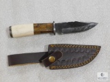 New custom Damascus fixed blade skinner with leather sheath